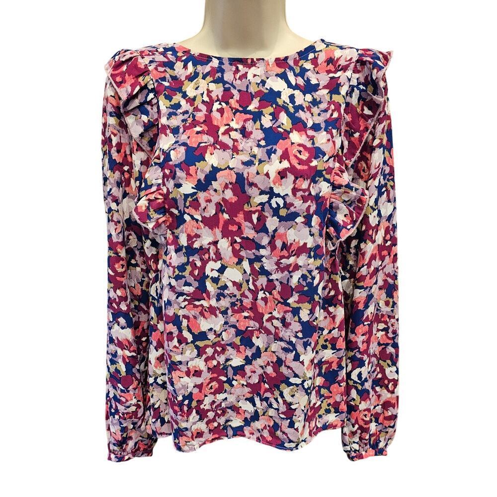 Nanette Lepore Purple Printed Sheer Ruffle Blouse L EUC frill bright colorful